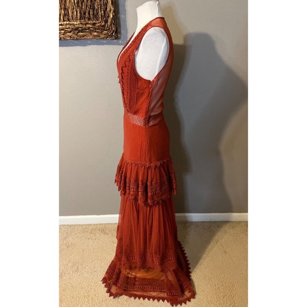 House of Harlow Sheer Tiered Maxi Dress M Medium Burnt Orange Festival - Picture 5 of 15